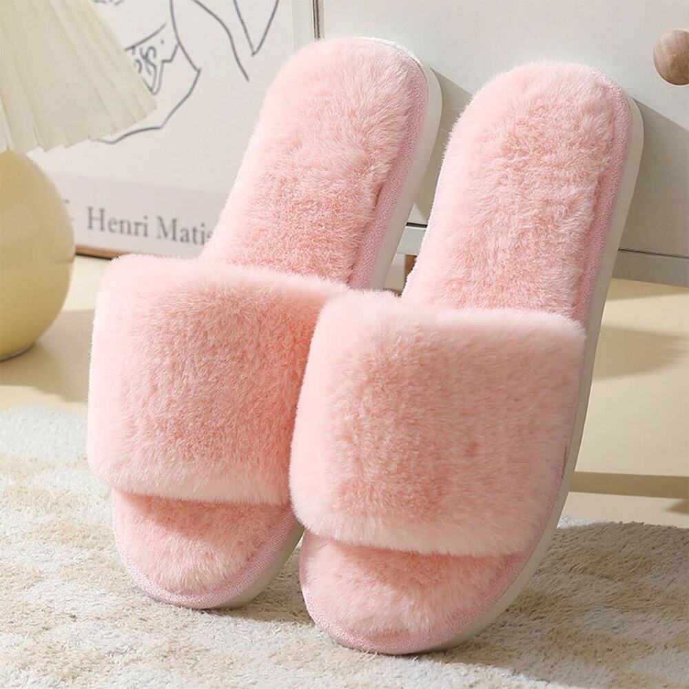 Faux Rabbit Fur Slippers For Women Pink color